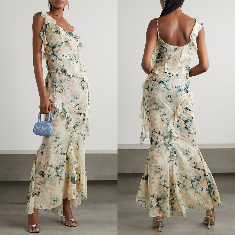 Alessandra Rich Belle Georgette Dress NEW Evening Epoque Print Sheer Silk NWT M